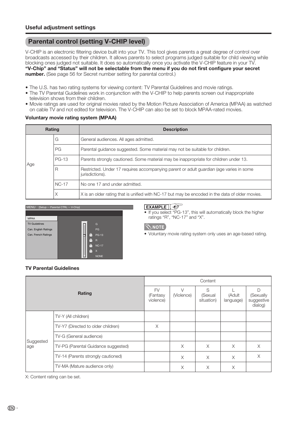 Parental control (setting v-chip level), Useful adjustment settings | Sharp Aquos LC-37D90U User Manual | Page 59 / 79