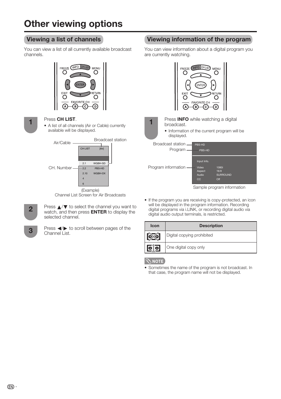 Other viewing options, Viewing a list of channels, Viewing information of the program | Sharp Aquos LC-37D90U User Manual | Page 63 / 79