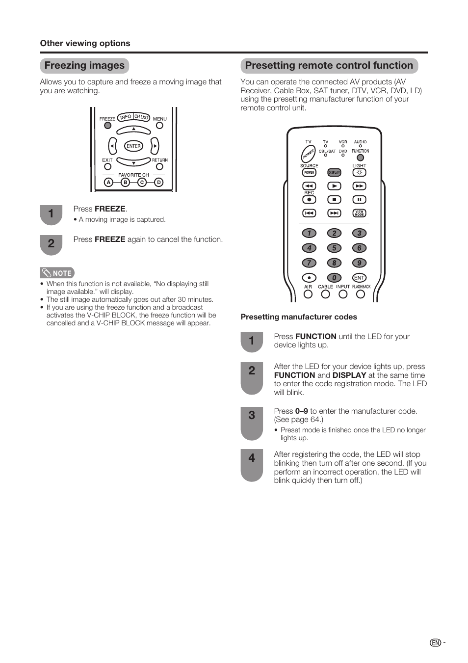 Freezing images, Presetting remote control function | Sharp Aquos LC-37D90U User Manual | Page 64 / 79