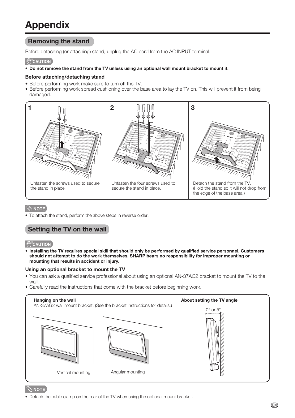 Appendix, Removing the stand, Setting the tv on the wall | Sharp Aquos LC-37D90U User Manual | Page 68 / 79