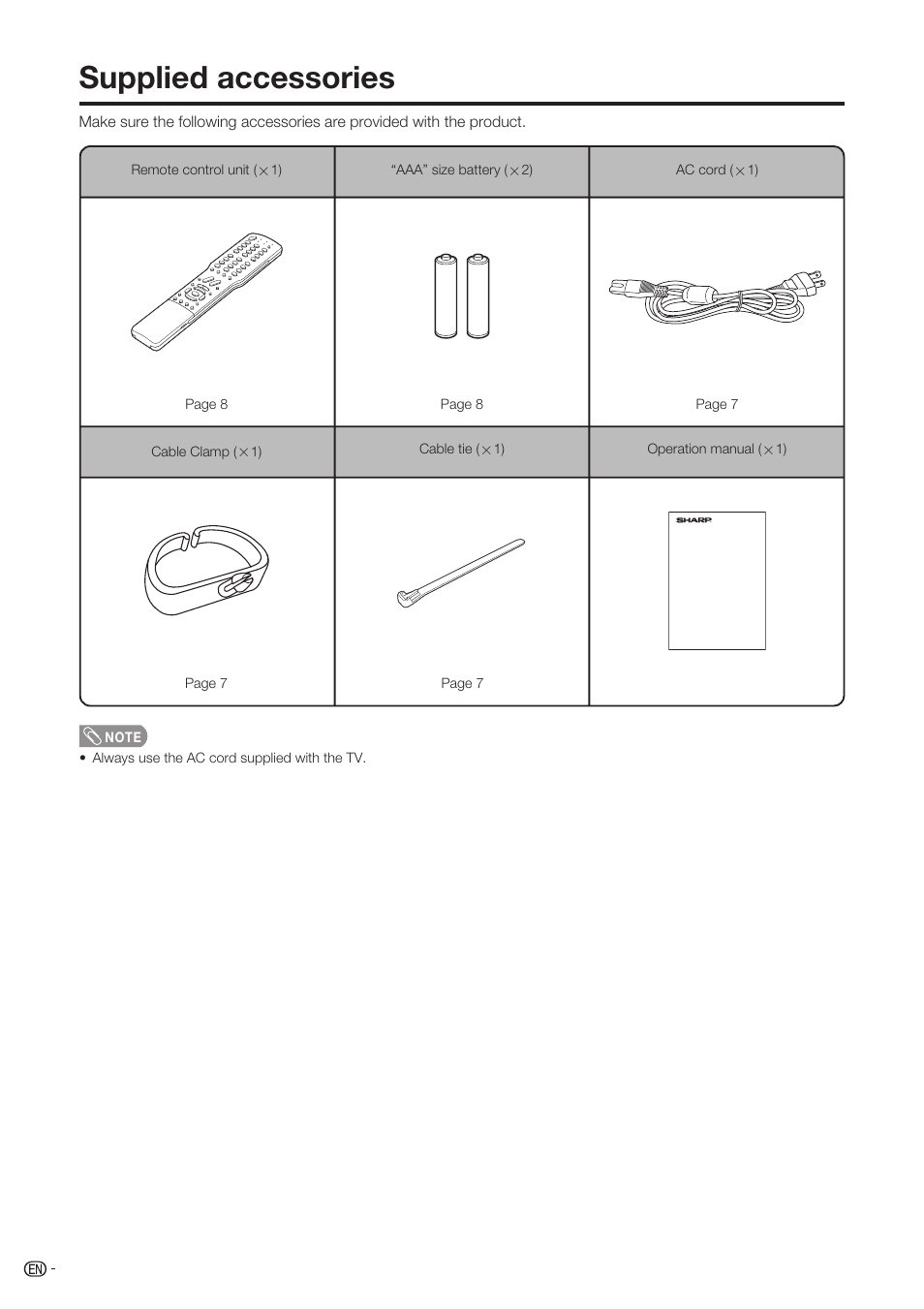 Supplied accessories | Sharp Aquos LC-37D90U User Manual | Page 7 / 79