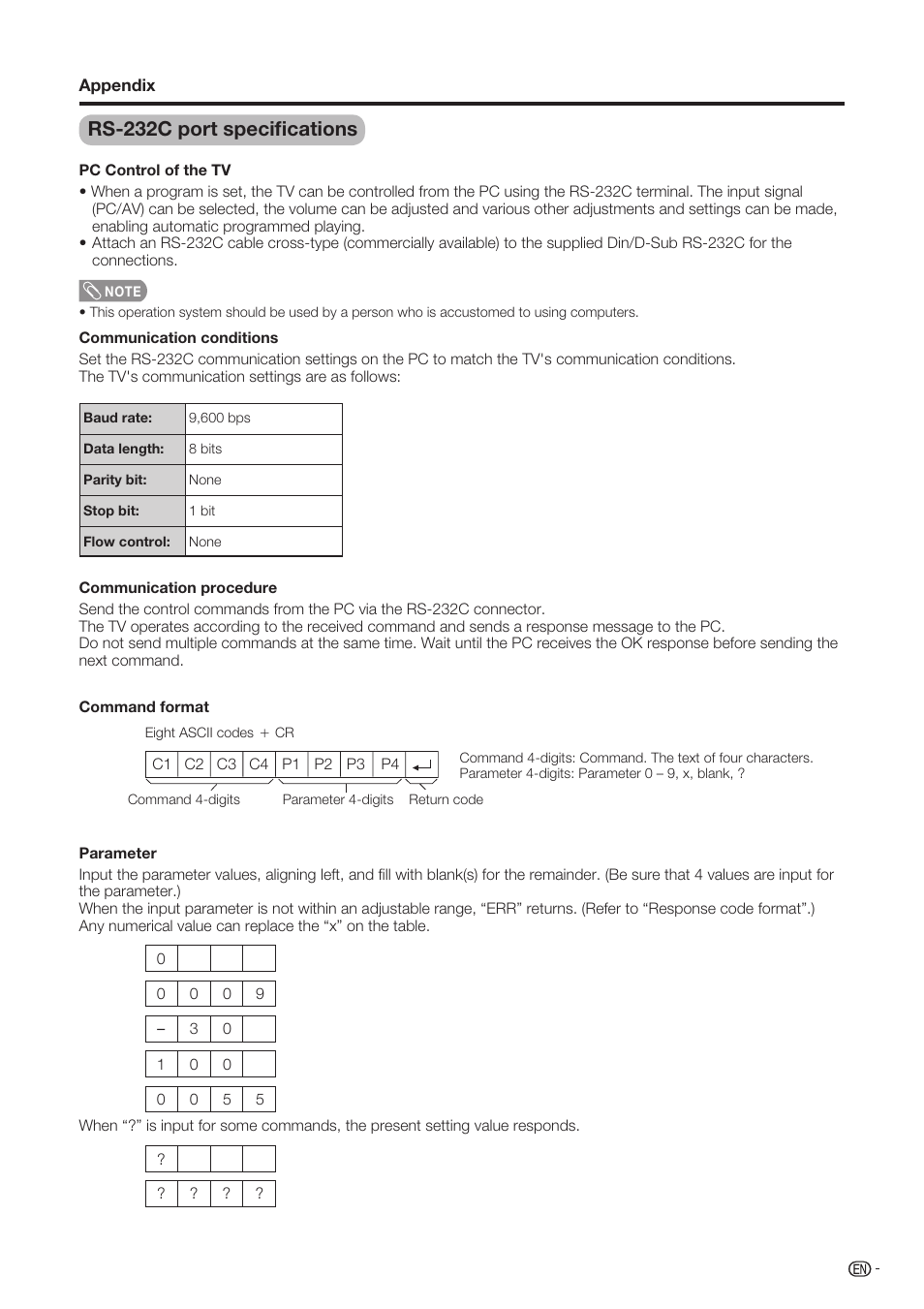 Rs-232c port specifications, Rs-232c port speciﬁ cations | Sharp Aquos LC-37D90U User Manual | Page 72 / 79