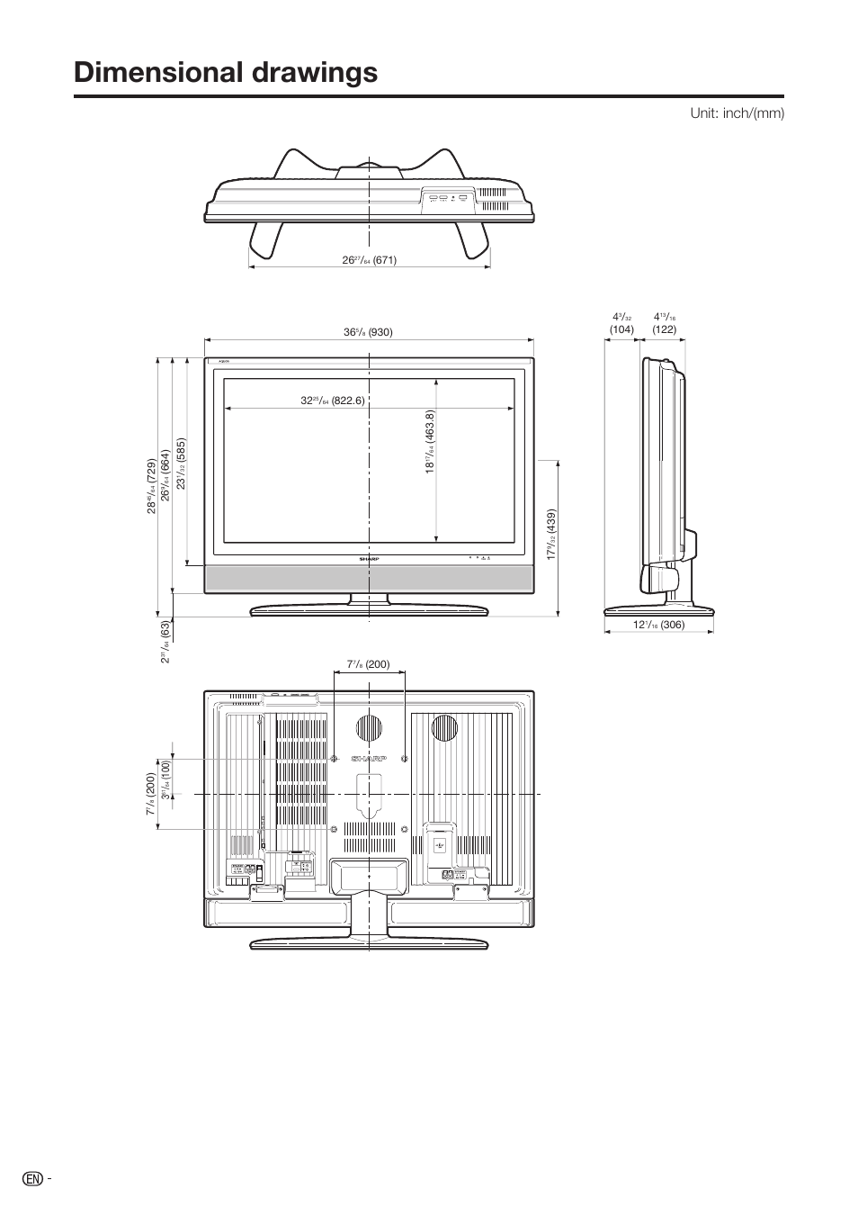 Dimensional drawings, Unit: inch/(mm) | Sharp Aquos LC-37D90U User Manual | Page 75 / 79