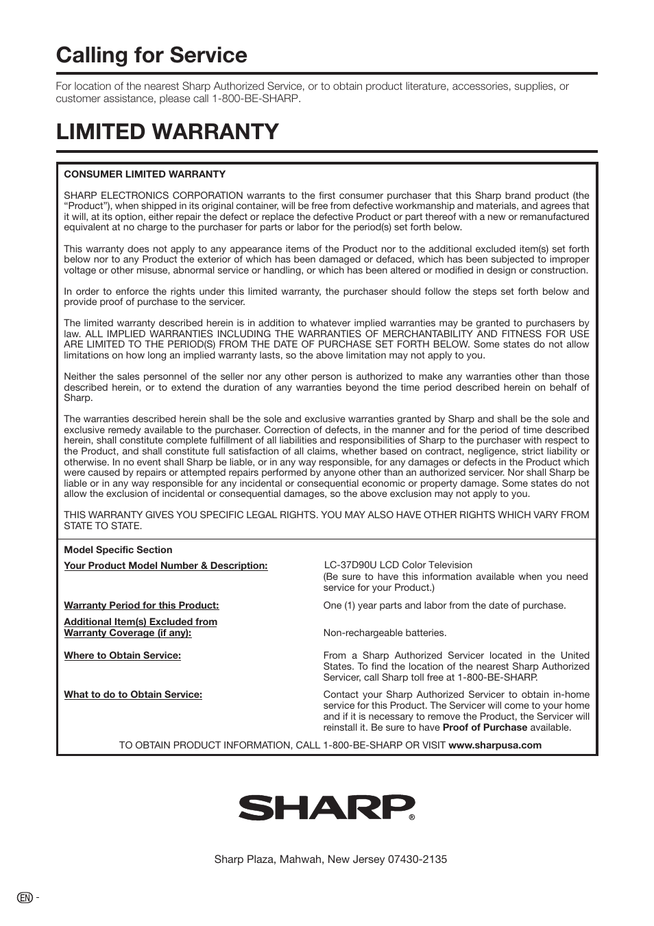 Calling for service limited warranty, Sharp electronics corporation, Sharp corporation | Sharp Aquos LC-37D90U User Manual | Page 77 / 79