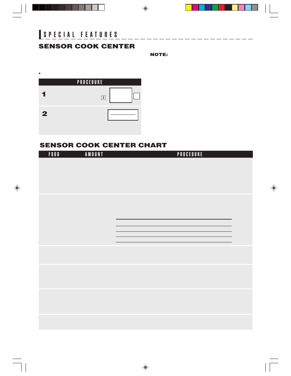 Sensor cook center, Sensor cook center chart | Sharp R-1514 User Manual | Page 24 / 40