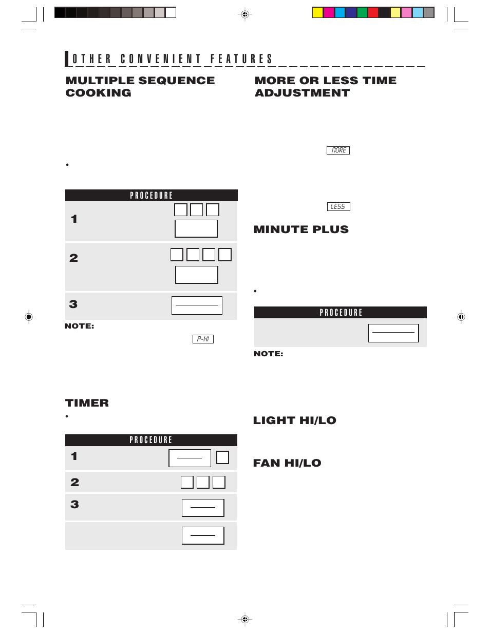 Light hi/lo, Fan hi/lo, Multiple sequence cooking | More or less time adjustment, Timer, Minute plus | Sharp R-1514 User Manual | Page 31 / 40