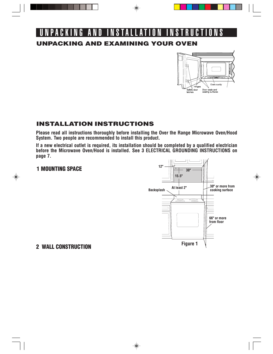 1 mounting space, 2 wall construction | Sharp R-1514 User Manual | Page 6 / 40