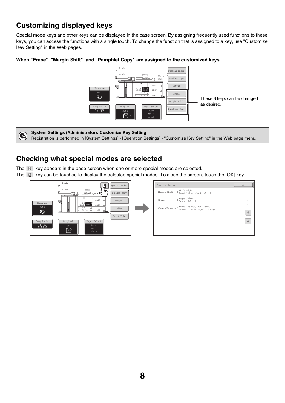 Customizing displayed keys, E 8), Checking what special modes are selected | These 3 keys can be changed as desired | Sharp MX-M850 User Manual | Page 104 / 655