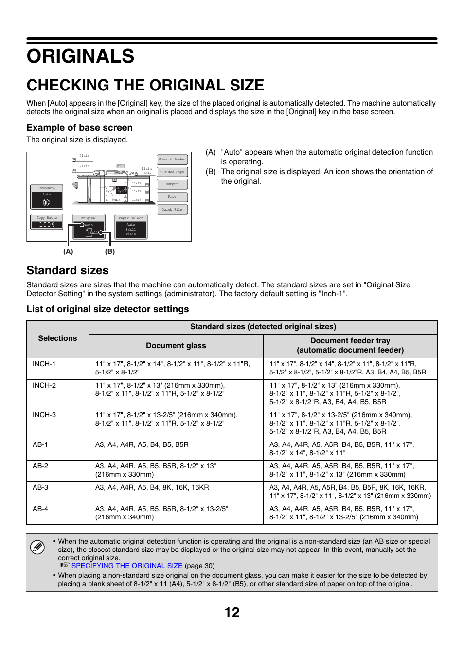 Originals, Checking the original size, Standard sizes | Example of base screen, List of original size detector settings | Sharp MX-M850 User Manual | Page 108 / 655