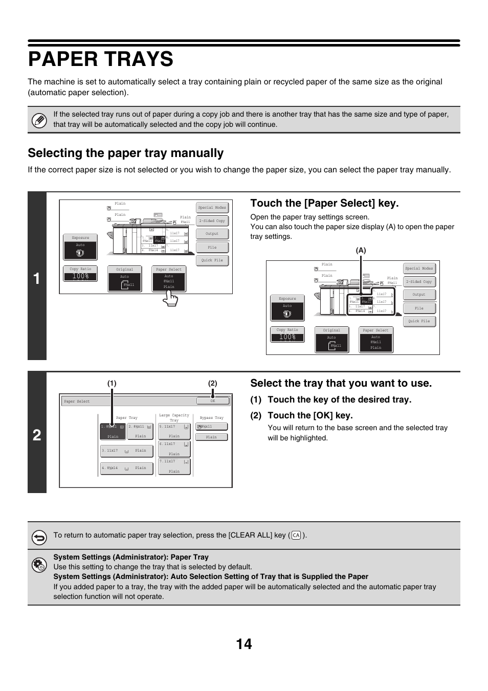 Paper trays, E 14, 8½x11 | Paper select, Auto, Plain, 8½x14, 11x17, Selecting the paper tray manually, Touch the [paper select] key | Sharp MX-M850 User Manual | Page 110 / 655