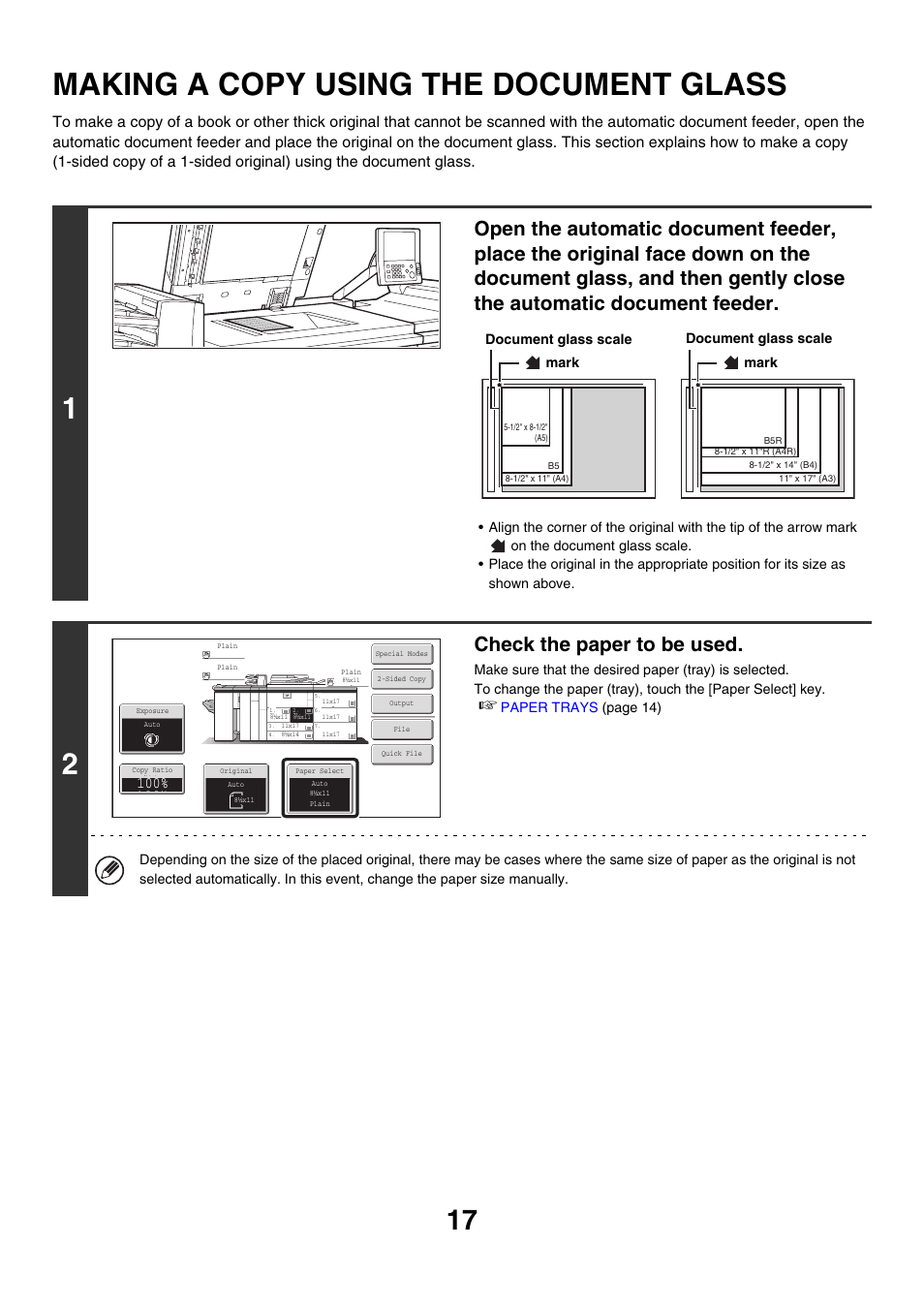 Making a copy using the document, Glass, Making a copy using the document glass | Check the paper to be used | Sharp MX-M850 User Manual | Page 113 / 655