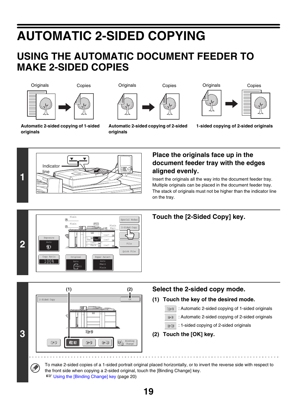 Automatic 2-sided copying, Using the automatic document, Feeder to make 2-sided copies | Sided copy, E 19), Touch the [2-sided copy] key, Select the 2-sided copy mode, 1) touch the key of the desired mode, 2) touch the [ok] key | Sharp MX-M850 User Manual | Page 115 / 655