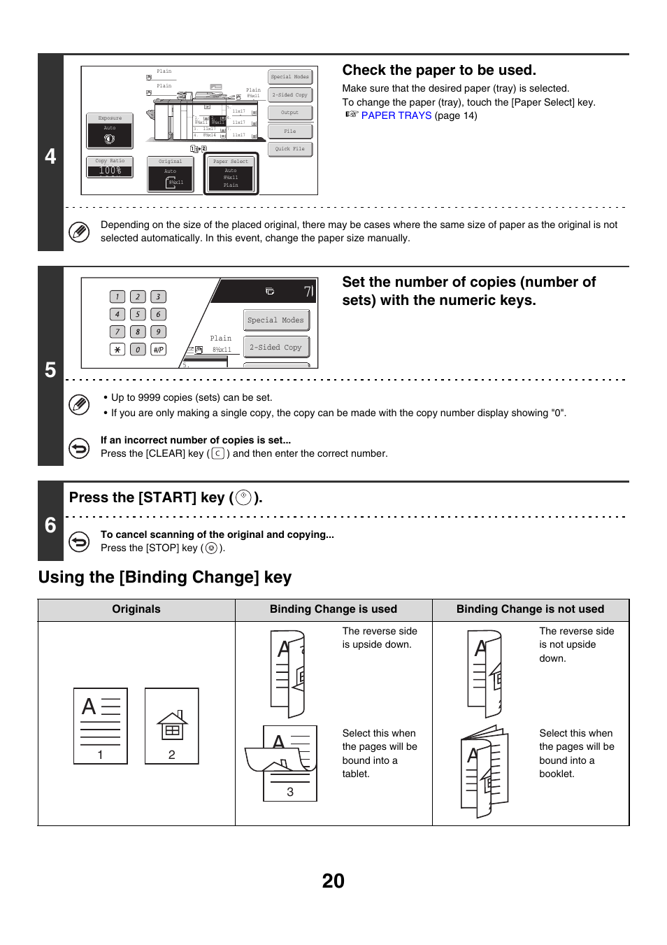 Using the [binding change] key, Check the paper to be used, Press the [start] key ( ) | Sharp MX-M850 User Manual | Page 116 / 655