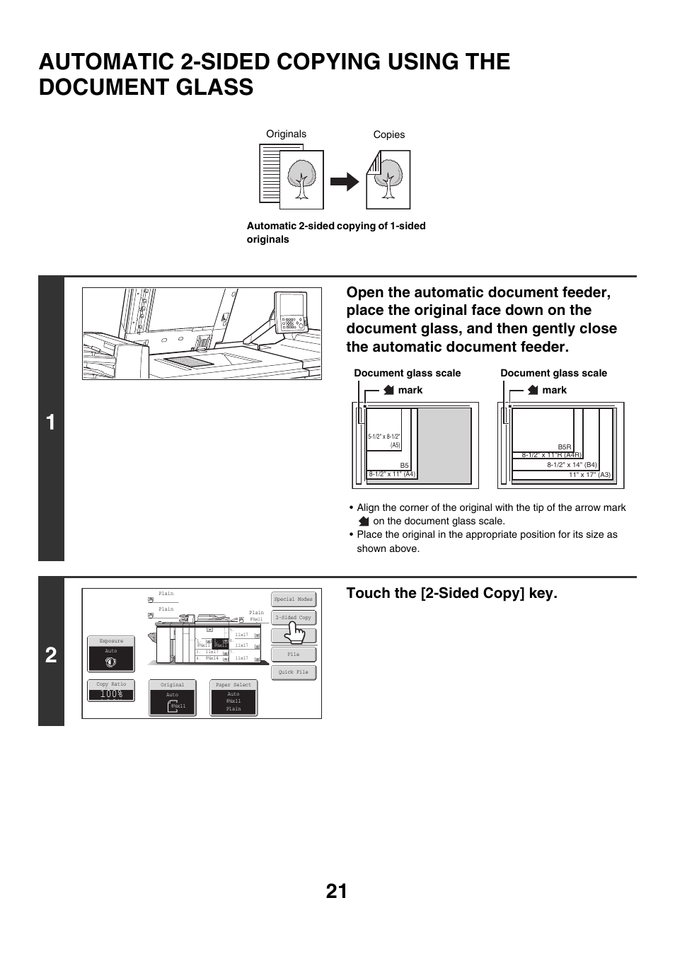 Automatic 2-sided copying using the, Document glass, Automatic 2-sided copying using the document glass | Touch the [2-sided copy] key | Sharp MX-M850 User Manual | Page 117 / 655