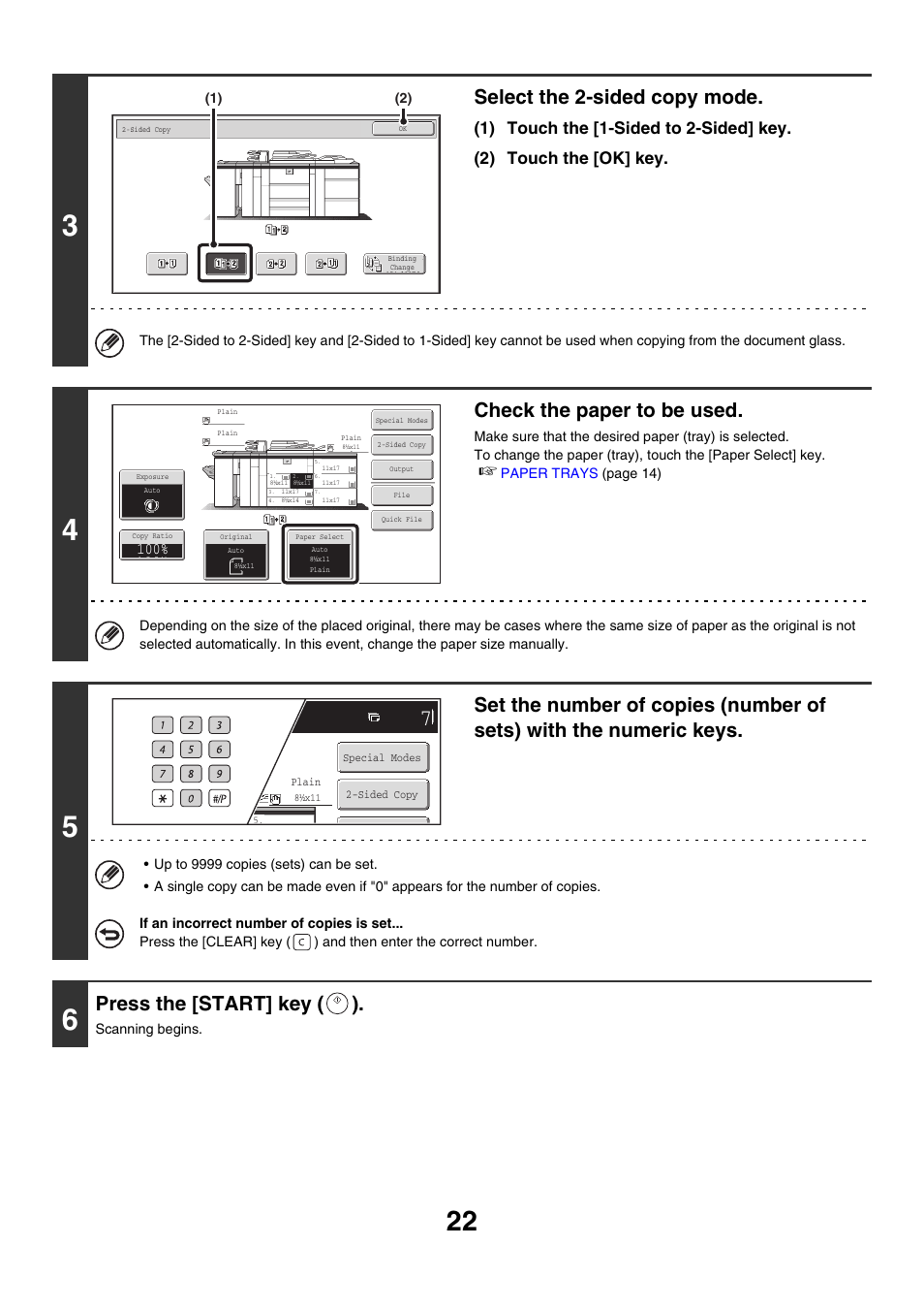 Select the 2-sided copy mode, Check the paper to be used, Press the [start] key ( ) | Sharp MX-M850 User Manual | Page 118 / 655