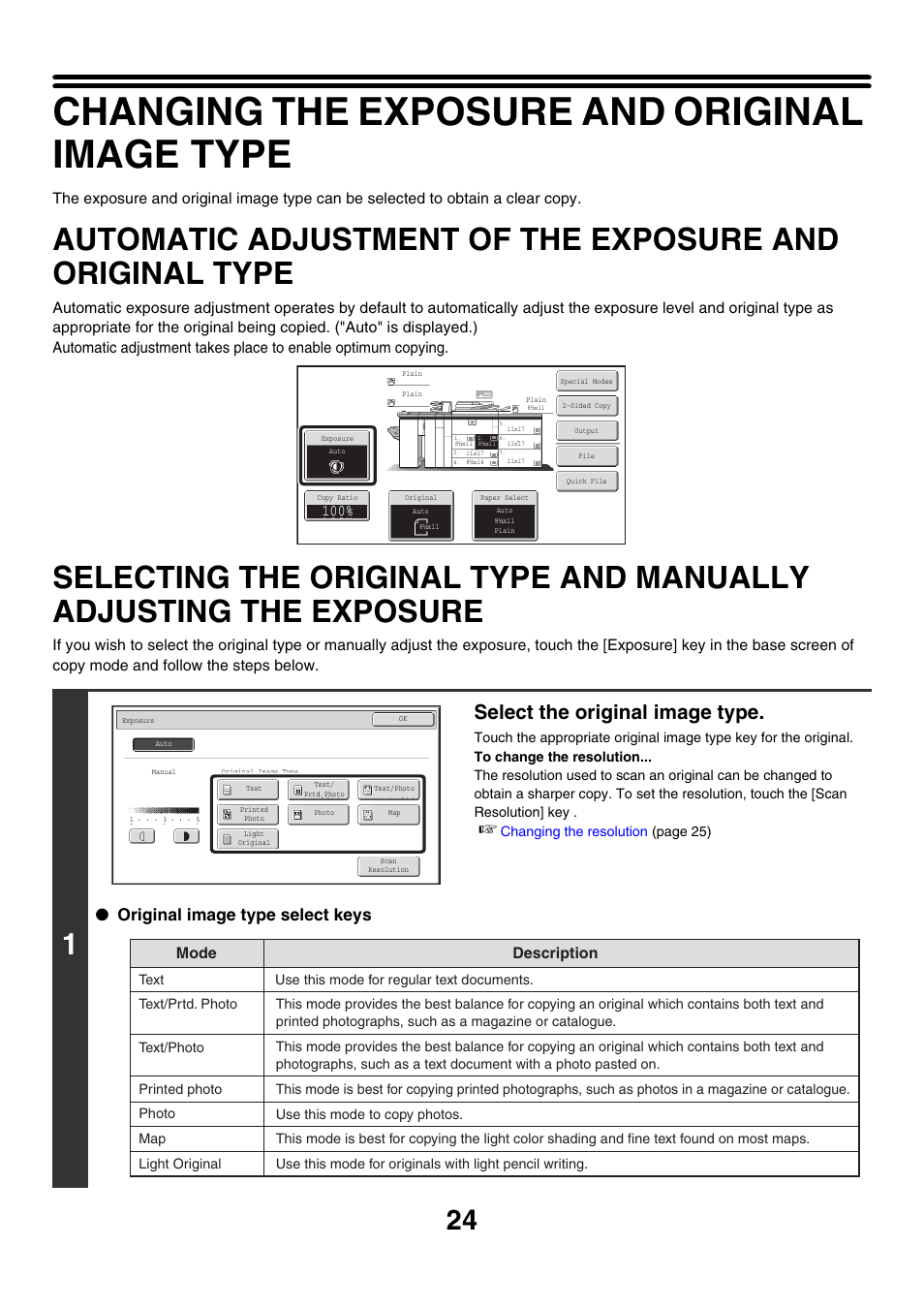 Changing the exposure and original image type, Automatic adjustment of the, Exposure and original type | Selecting the original type and, Manually adjusting the exposure, Exposure, Auto, Changing the, Exposure and original image type, Select the original image type | Sharp MX-M850 User Manual | Page 120 / 655