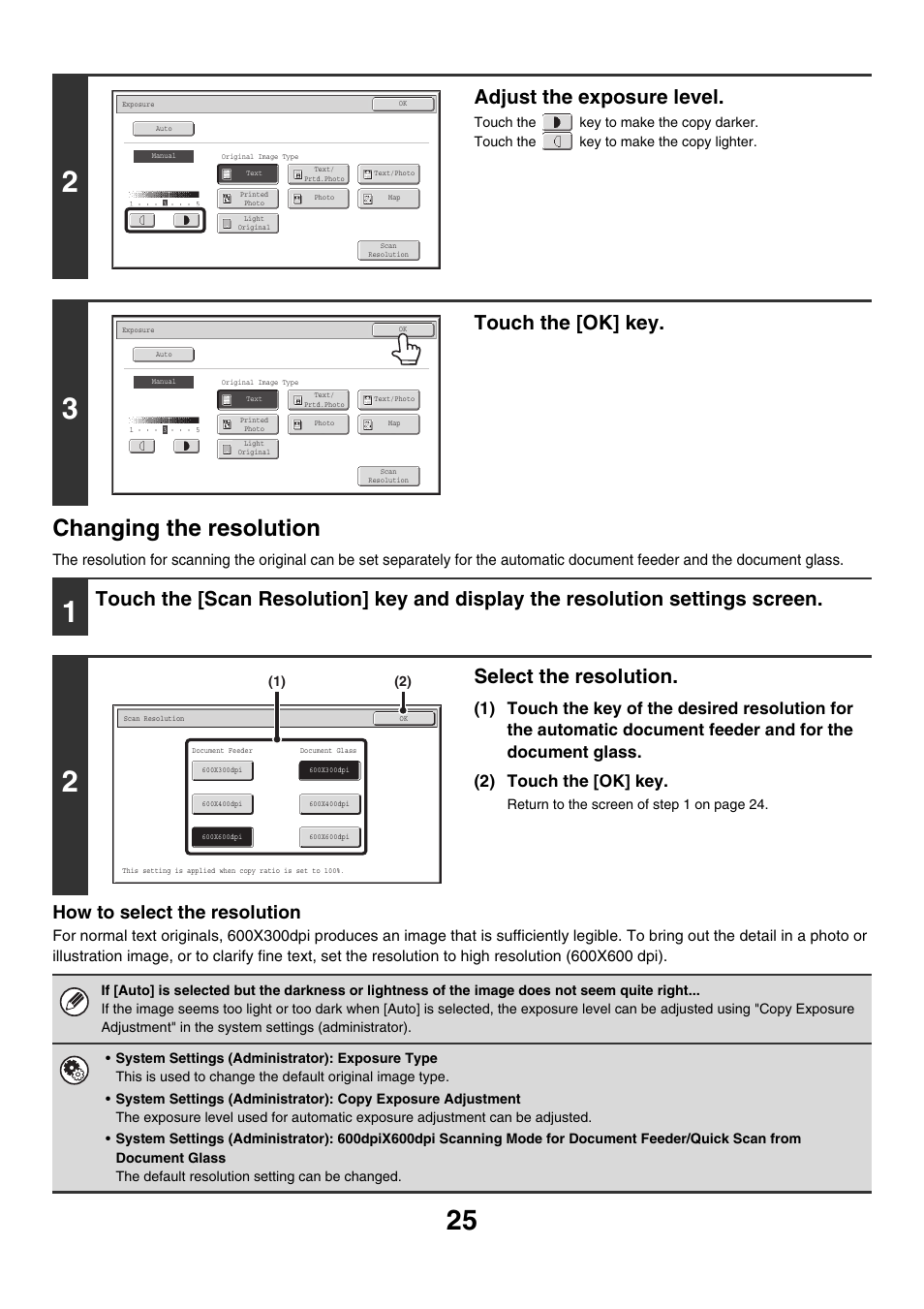 Changing the resolution, Adjust the exposure level, Touch the [ok] key | Select the resolution, How to select the resolution | Sharp MX-M850 User Manual | Page 121 / 655