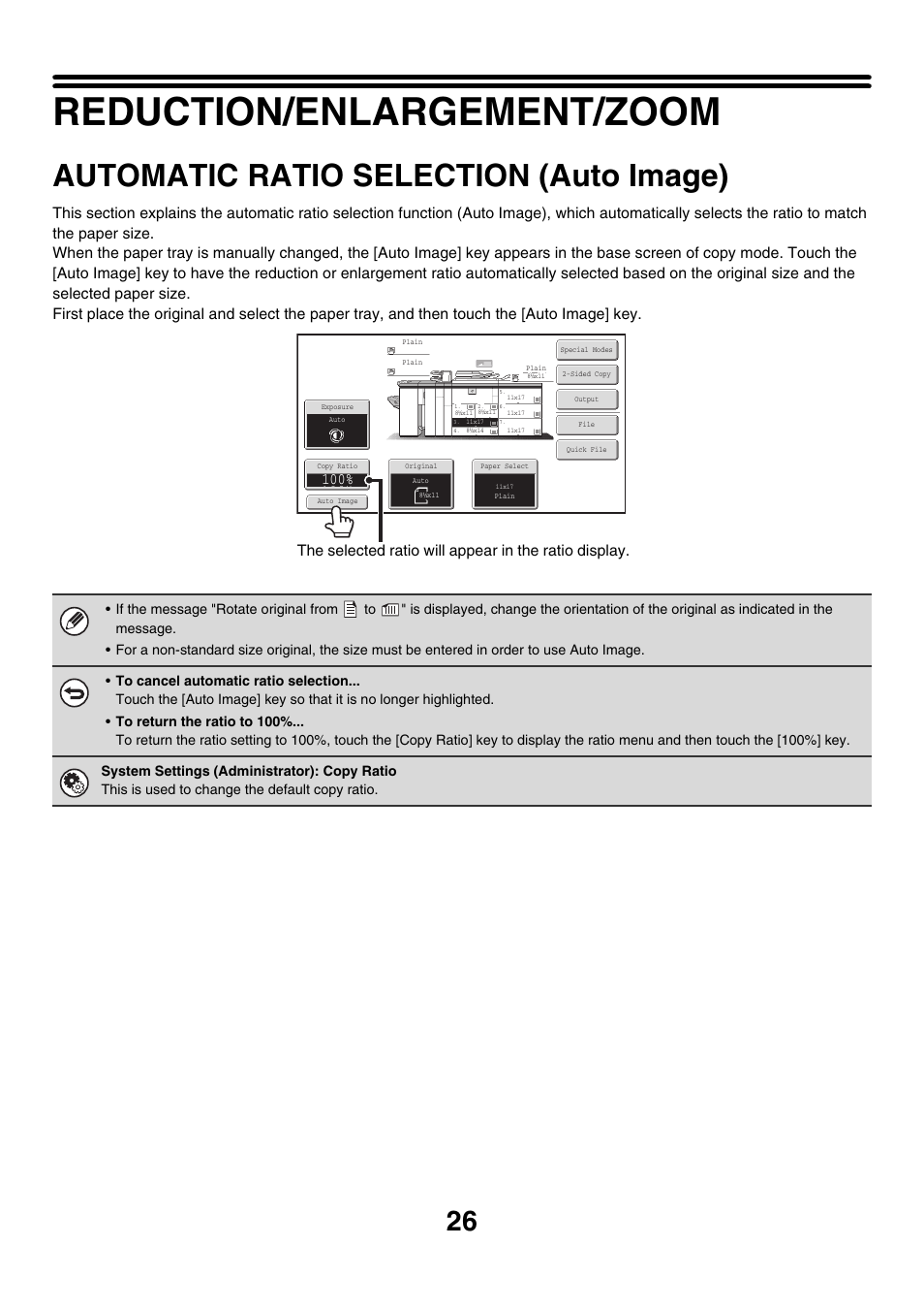 Reduction/enlargement/zoom, Automatic ratio selection (auto, Image) | Copy ratio, Automatic ratio selection (auto image) | Sharp MX-M850 User Manual | Page 122 / 655