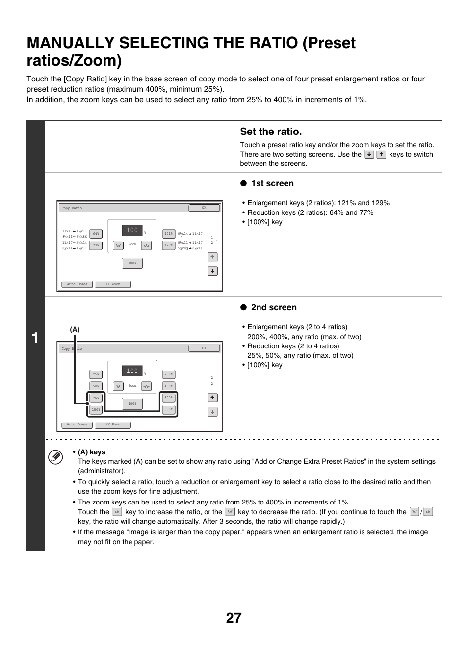 Manually selecting the ratio (preset, Ratios/zoom), Manually selecting the ratio (preset ratios/zoom) | Set the ratio, 1st screen, 2nd screen | Sharp MX-M850 User Manual | Page 123 / 655