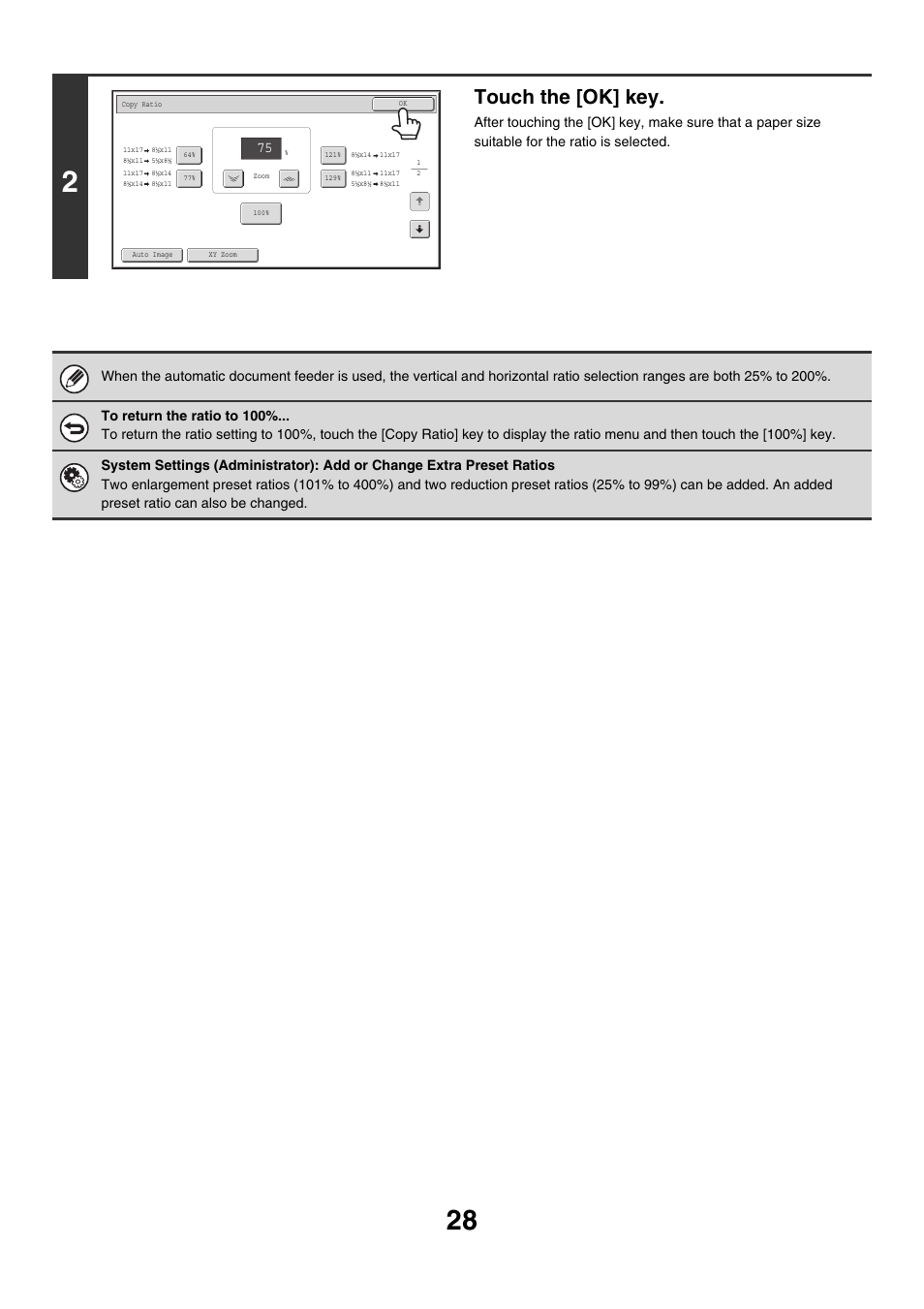 Touch the [ok] key | Sharp MX-M850 User Manual | Page 124 / 655