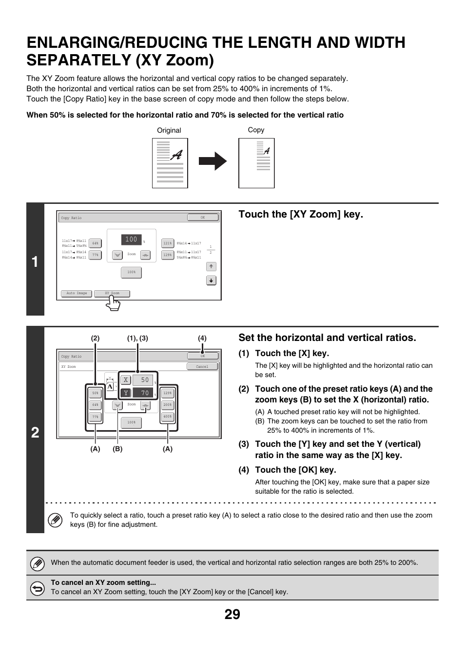 Enlarging/reducing the length and, Width separately (xy zoom), Touch the [xy zoom] key | Set the horizontal and vertical ratios, 1) touch the [x] key, 50 70 x y | Sharp MX-M850 User Manual | Page 125 / 655