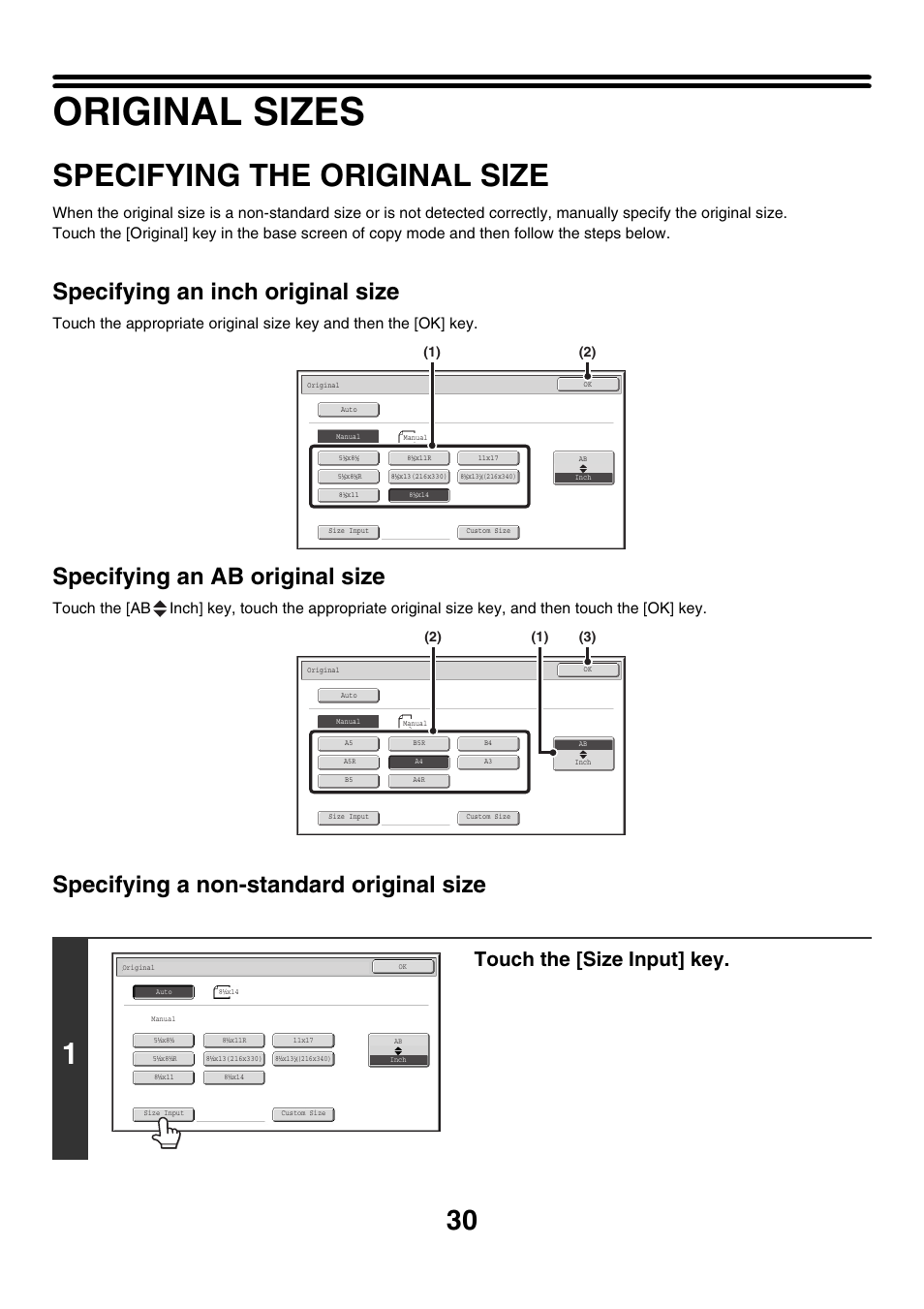 Original sizes, Specifying the original size, Original | Auto, 8½x11, E 30, Specifying an inch original size, Specifying an ab original size, Specifying a non-standard original size, Touch the [size input] key | Sharp MX-M850 User Manual | Page 126 / 655