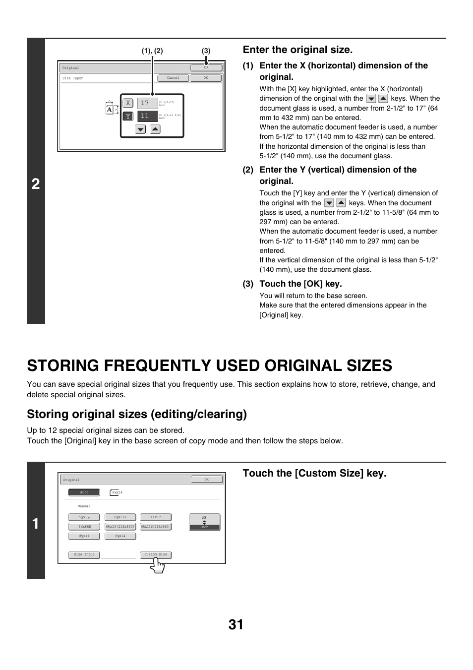 Storing frequently used original, Sizes, Storing frequently used original sizes | Storing original sizes (editing/clearing), Enter the original size, Touch the [custom size] key, 3) touch the [ok] key | Sharp MX-M850 User Manual | Page 127 / 655