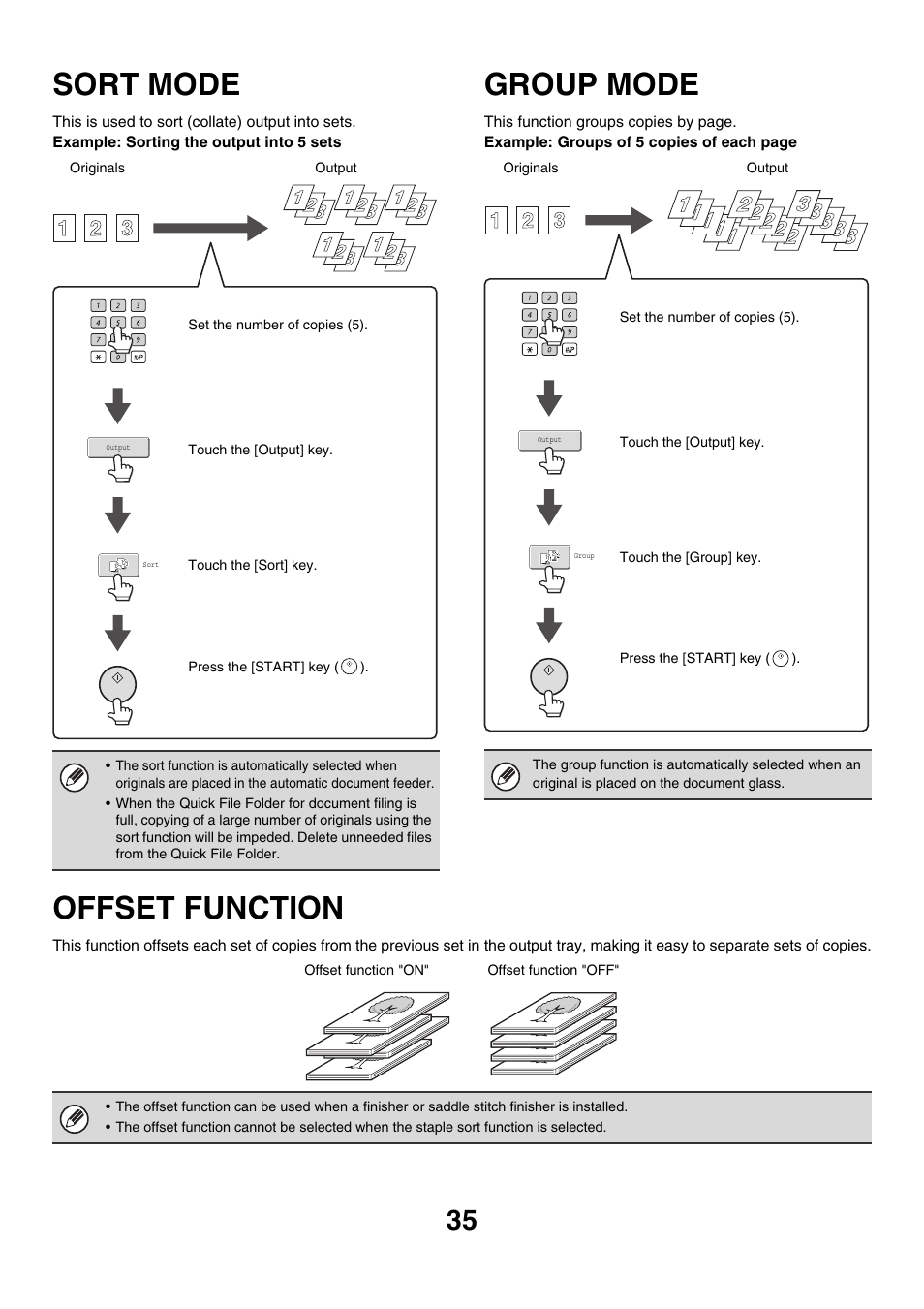 Sort mode, Group mode, Offset function | Ge 35), E 35) | Sharp MX-M850 User Manual | Page 131 / 655