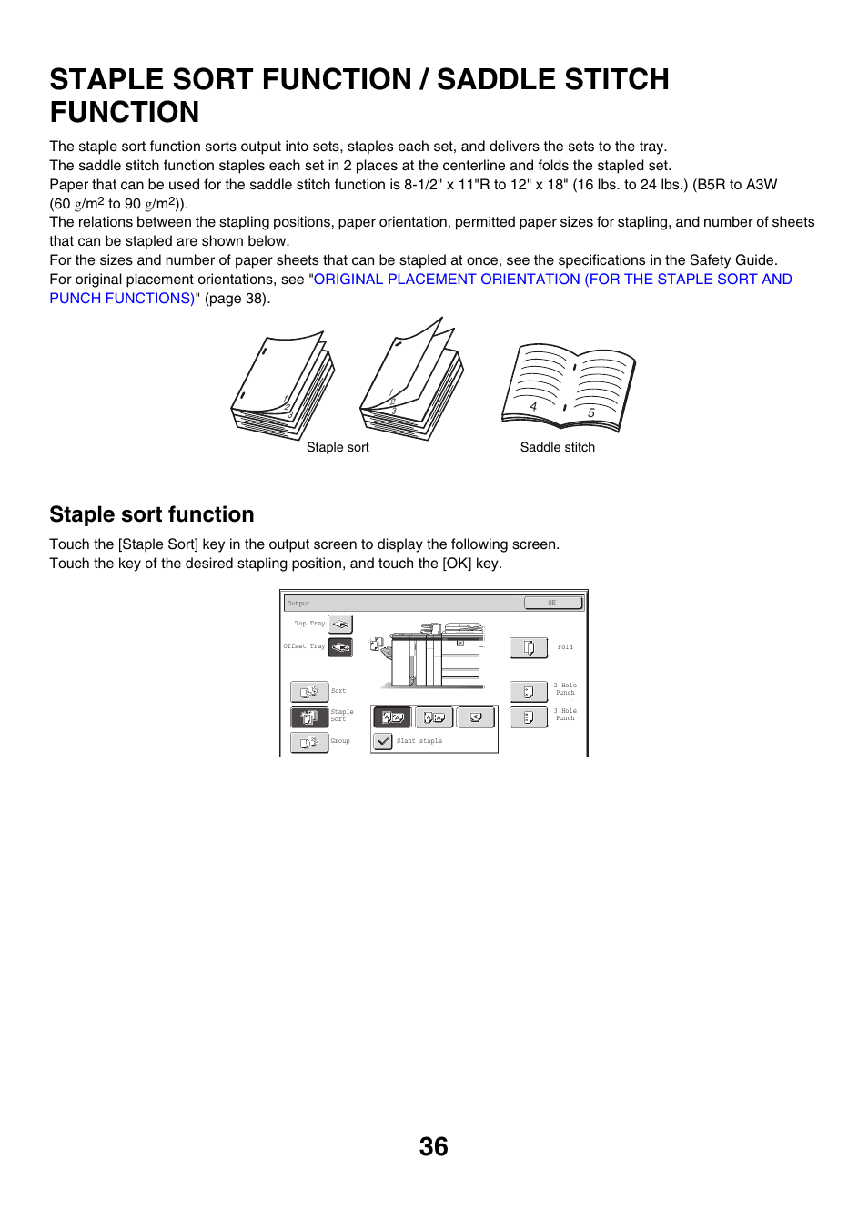 Staple sort function / saddle, Stitch function, Staple sort function / saddle stitch | Function, Staple sort function / saddle stitch function, Staple sort function | Sharp MX-M850 User Manual | Page 132 / 655