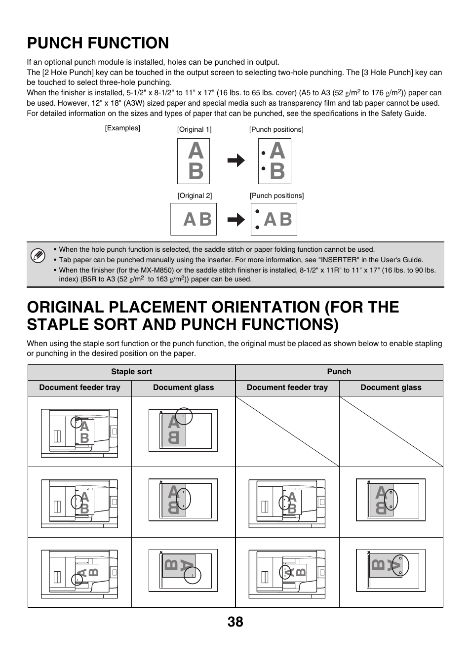 Punch function, Original placement orientation, For the staple sort and punch functions) | E 38), Punch functions) | Sharp MX-M850 User Manual | Page 134 / 655