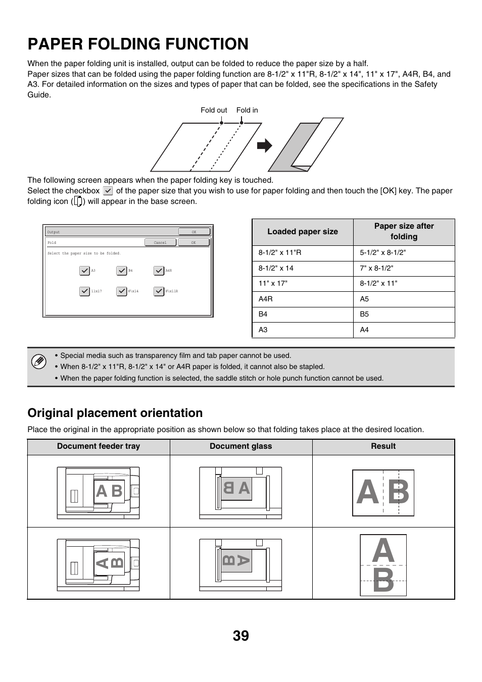 Paper folding function, E 39), A b ab | A b a b, Original placement orientation | Sharp MX-M850 User Manual | Page 135 / 655