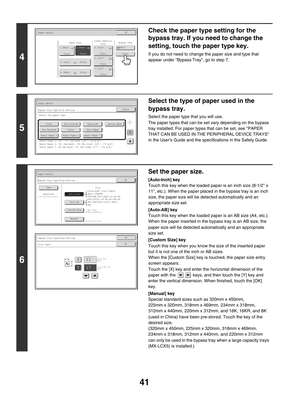 Select the type of paper used in the bypass tray, Set the paper size, 11 x y 17 | Sharp MX-M850 User Manual | Page 137 / 655