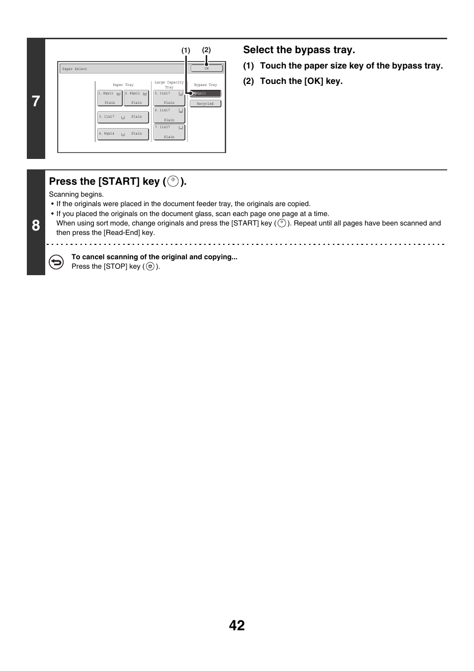 Select the bypass tray, Press the [start] key ( ) | Sharp MX-M850 User Manual | Page 138 / 655