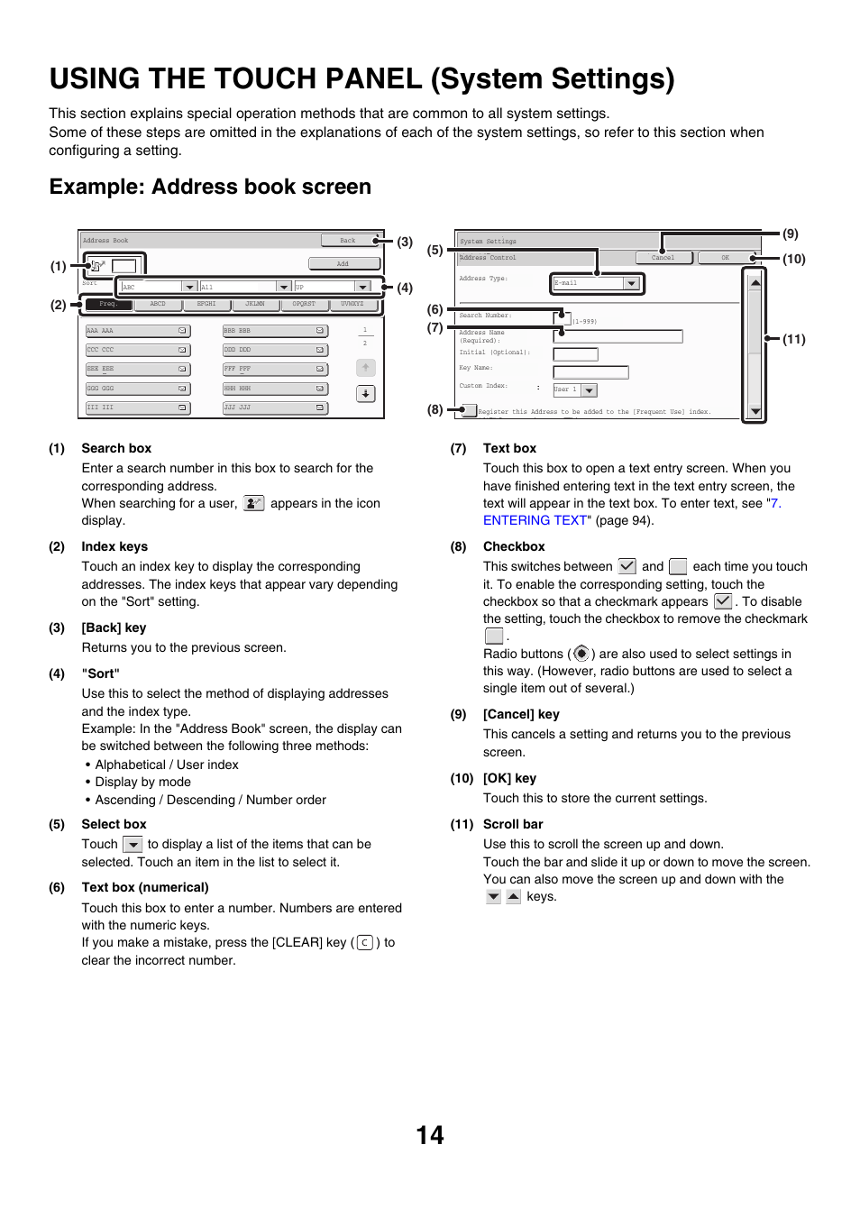 Using the touch panel (system, Settings), Using the touch panel (system settings) | Example: address book screen | Sharp MX-M850 User Manual | Page 14 / 655