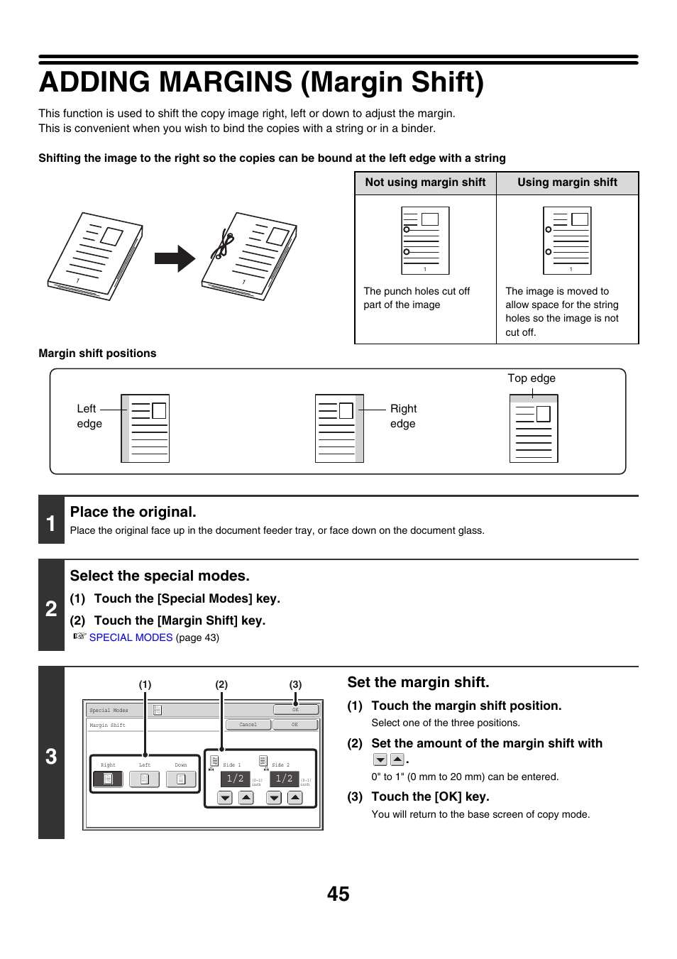 Adding margins (margin shift), Margin shift, Place the original | Select the special modes, Set the margin shift | Sharp MX-M850 User Manual | Page 141 / 655