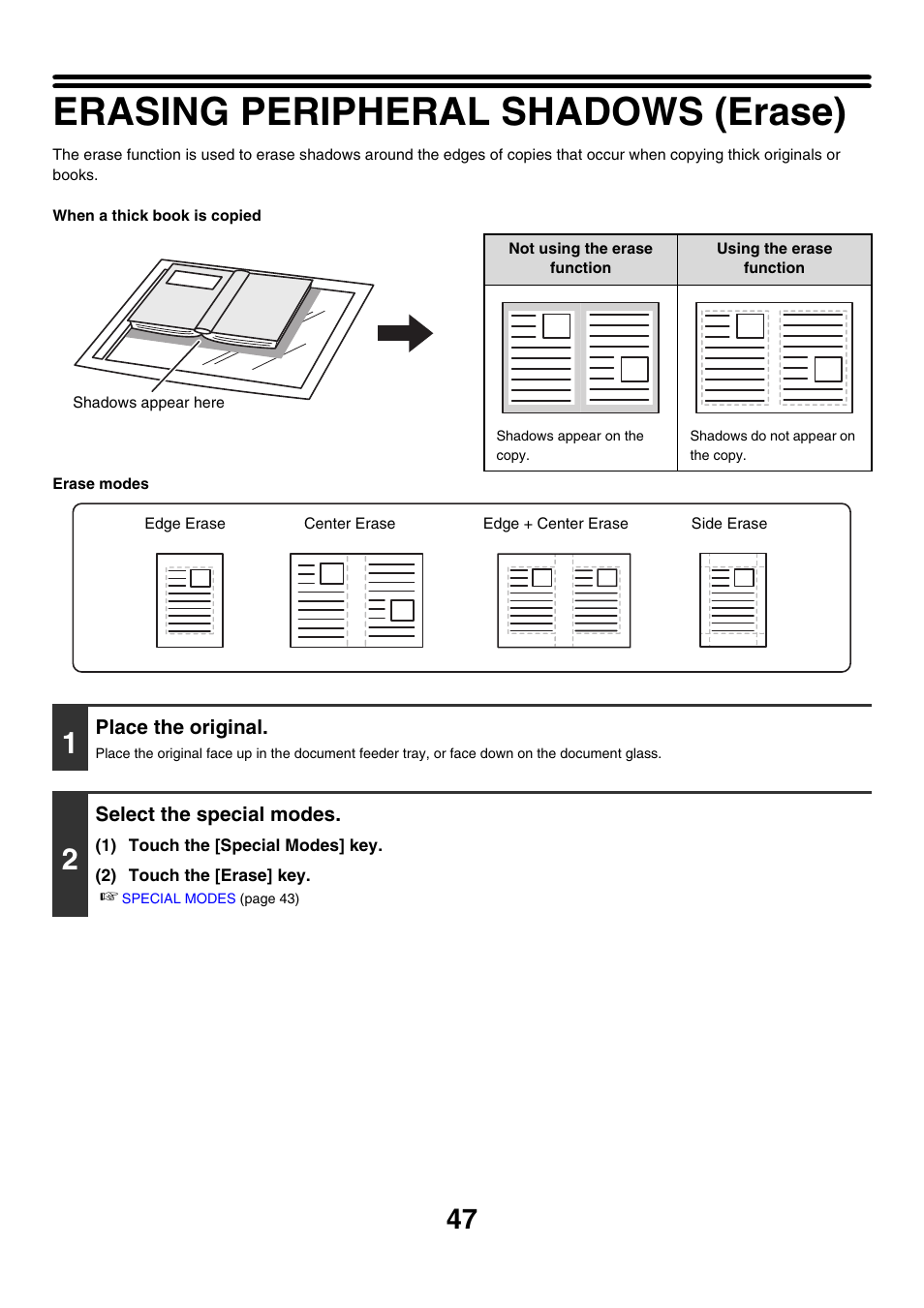 Erasing peripheral shadows (erase), Erase | Sharp MX-M850 User Manual | Page 143 / 655