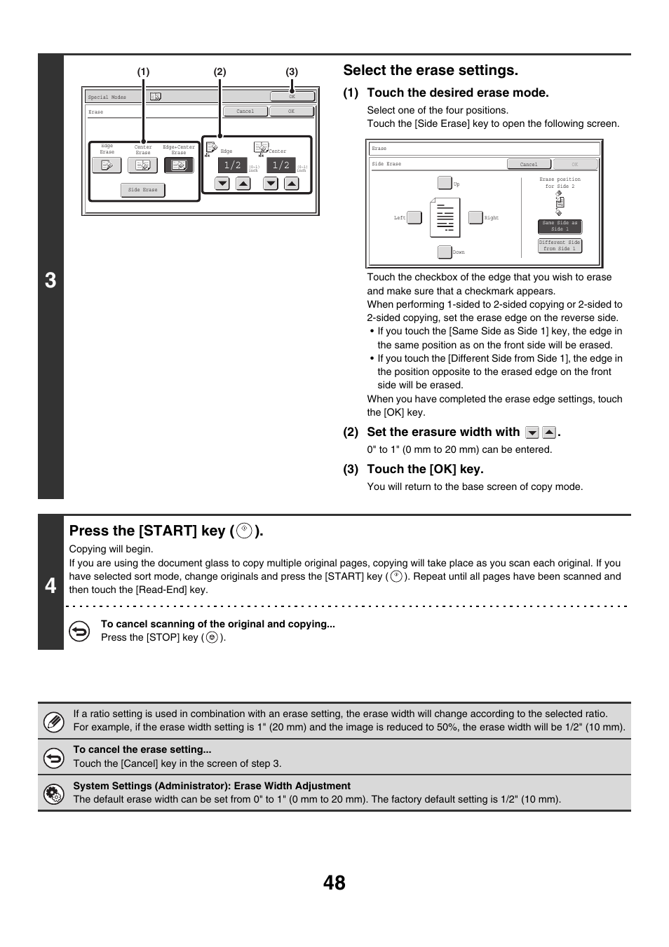 Select the erase settings, Press the [start] key ( ), 1) touch the desired erase mode | 2) set the erasure width with, 3) touch the [ok] key | Sharp MX-M850 User Manual | Page 144 / 655