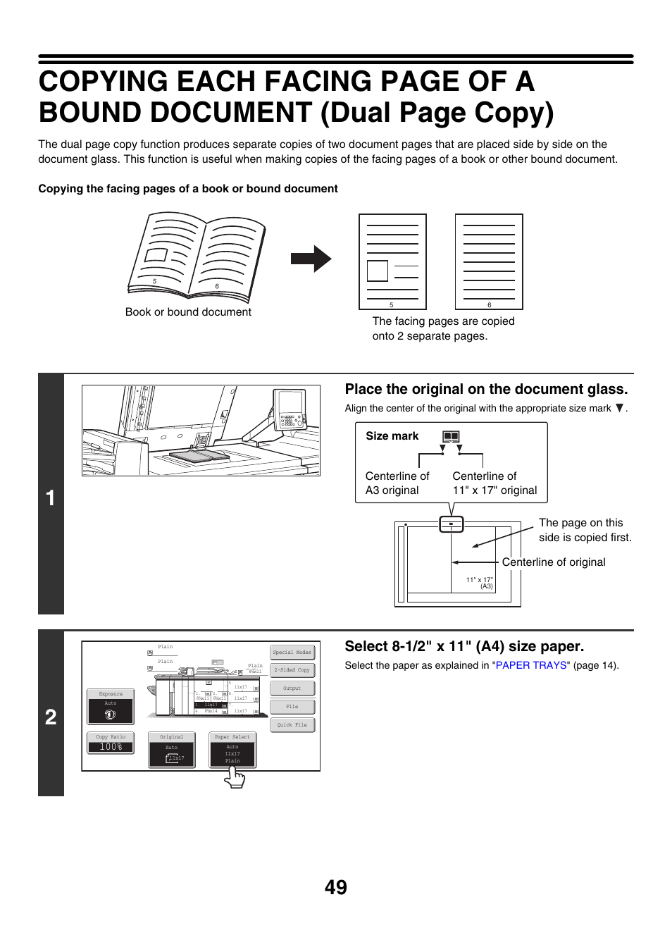 E 49), Copy, Place the original on the document glass | Sharp MX-M850 User Manual | Page 145 / 655