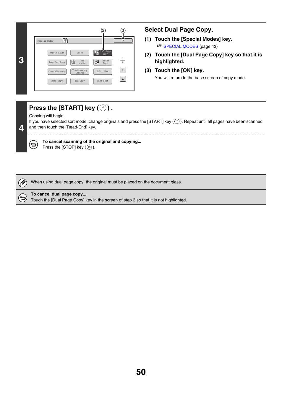 Select dual page copy, Press the [start] key ( ), 1) touch the [special modes] key | Sharp MX-M850 User Manual | Page 146 / 655