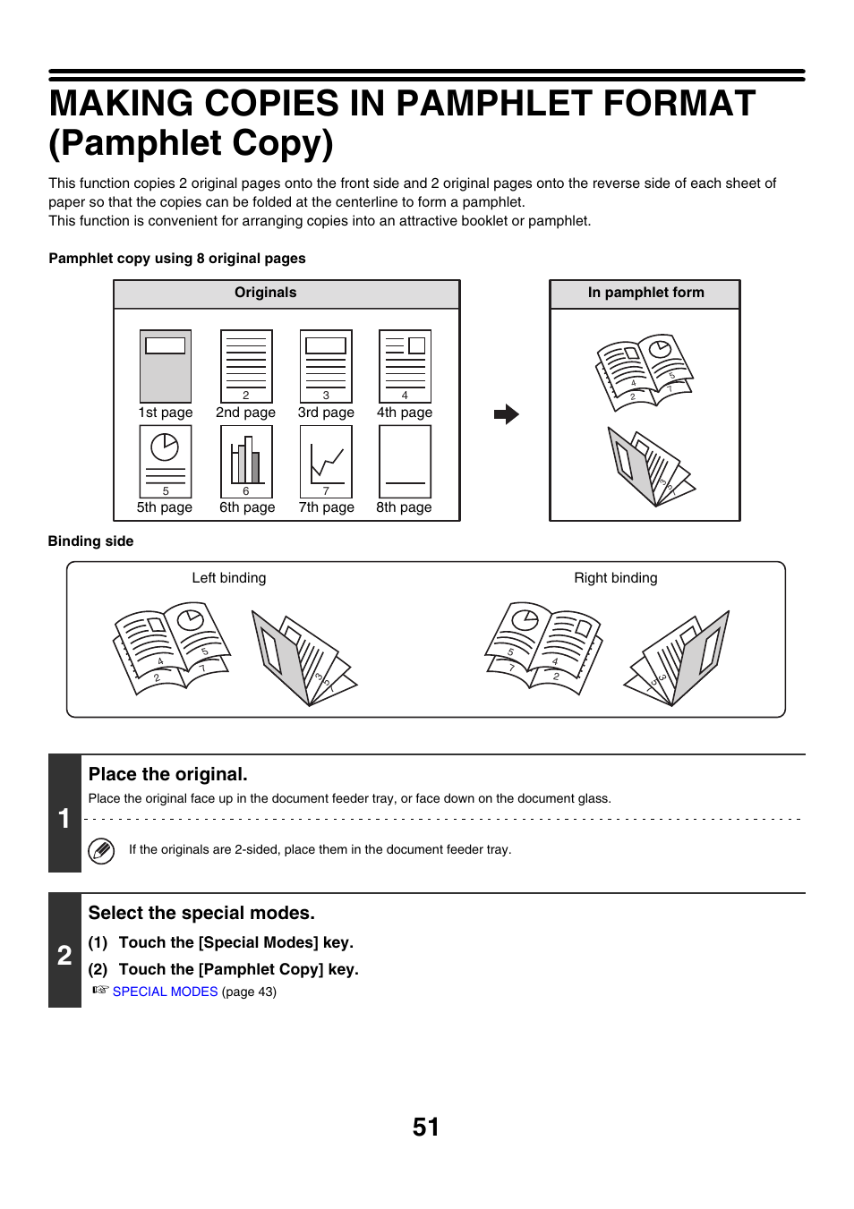 Making copies in pamphlet format (pamphlet copy), Pamphlet copy, Place the original | Select the special modes | Sharp MX-M850 User Manual | Page 147 / 655