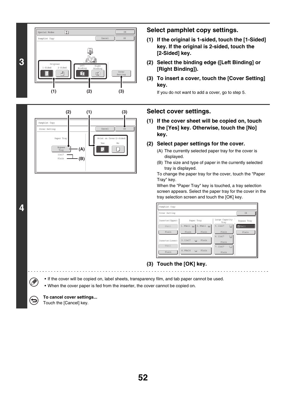 Select pamphlet copy settings, Select cover settings, 3) touch the [ok] key | Sharp MX-M850 User Manual | Page 148 / 655
