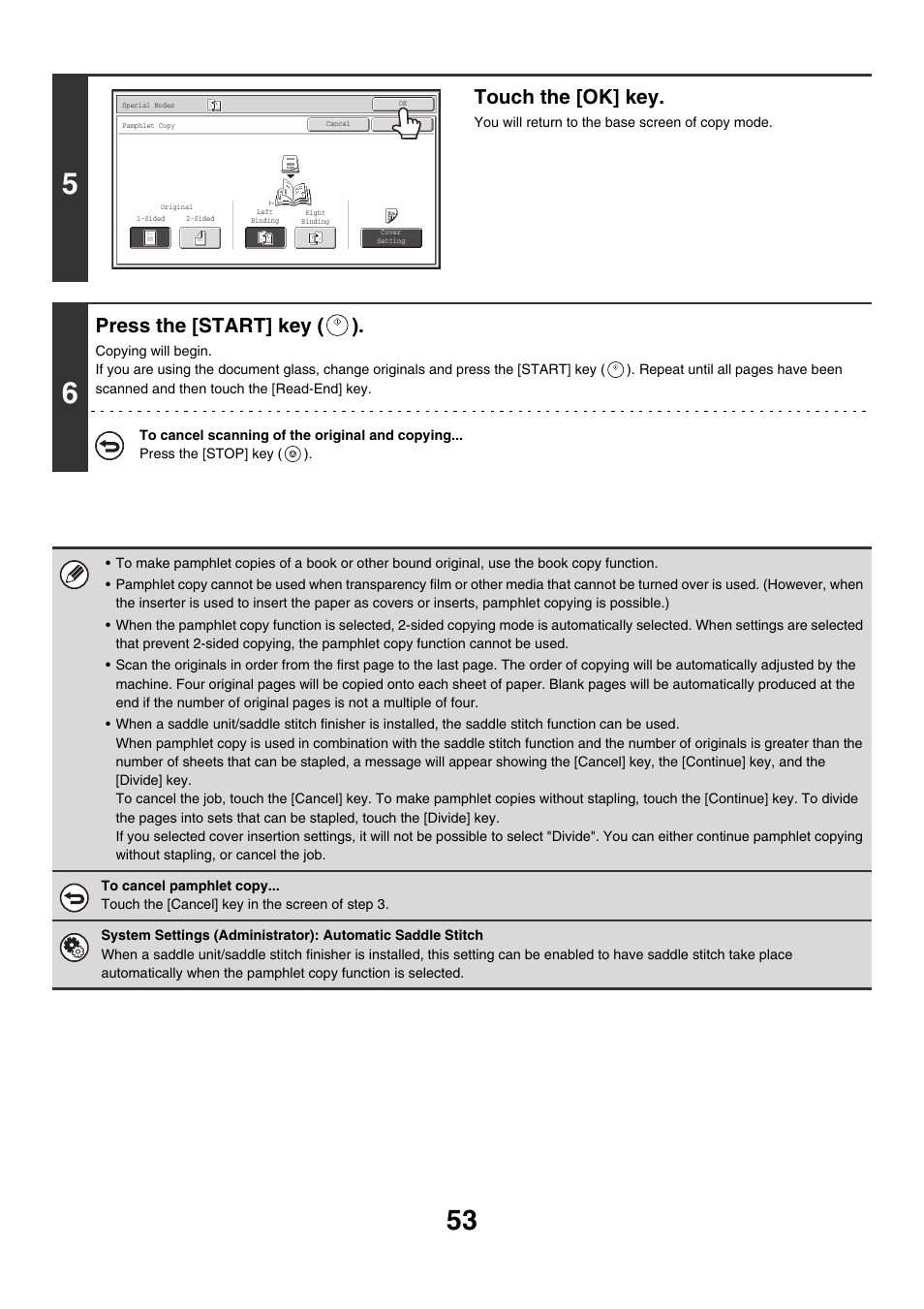 Touch the [ok] key, Press the [start] key ( ) | Sharp MX-M850 User Manual | Page 149 / 655