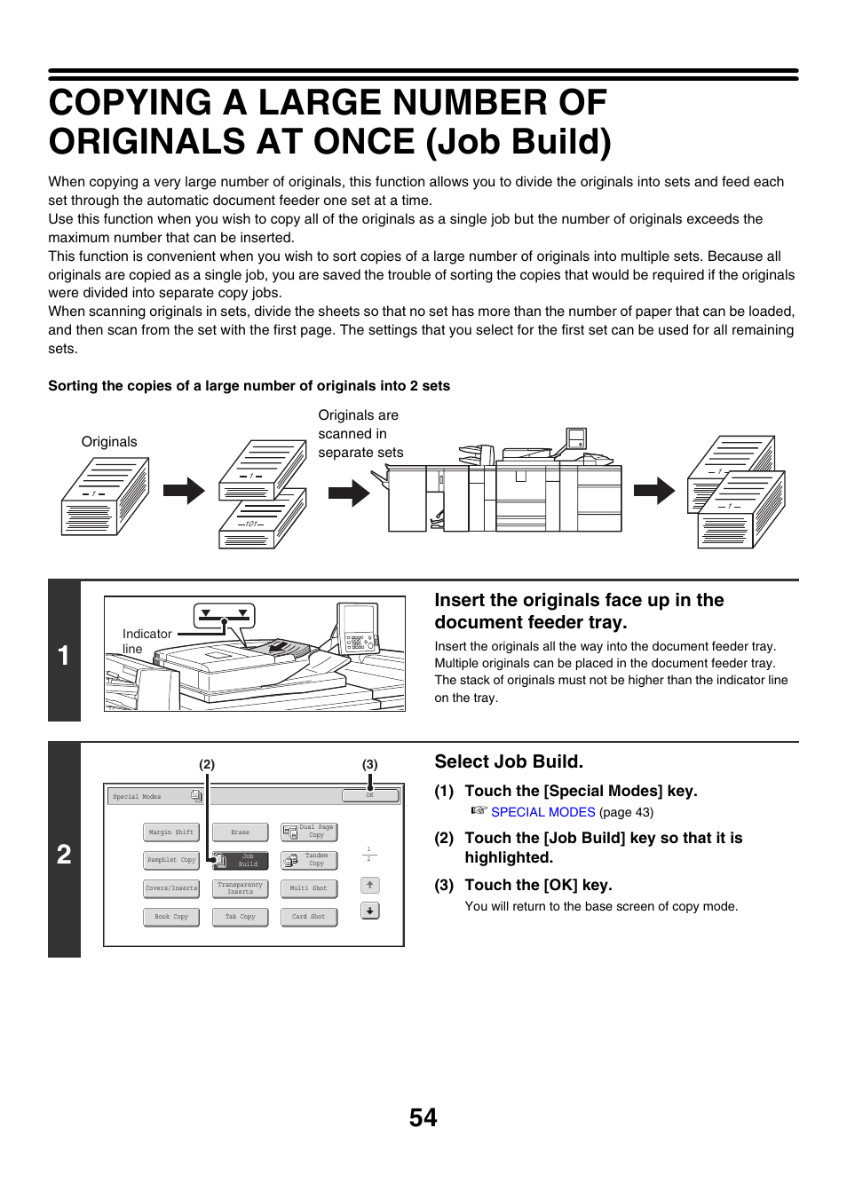 Build, Select job build, 1) touch the [special modes] key | Sharp MX-M850 User Manual | Page 150 / 655