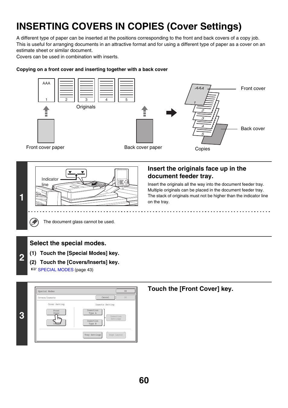 Inserting covers in copies (cover, Settings), Inserting covers in copies (cover settings) | Select the special modes, Touch the [front cover] key | Sharp MX-M850 User Manual | Page 156 / 655