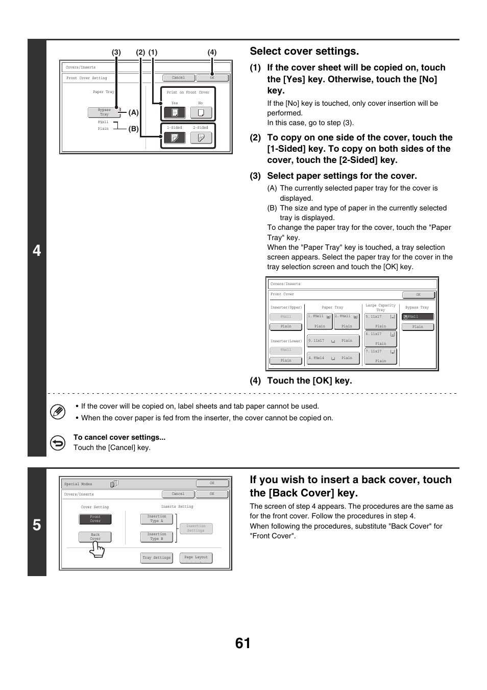 Select cover settings, 4) touch the [ok] key | Sharp MX-M850 User Manual | Page 157 / 655