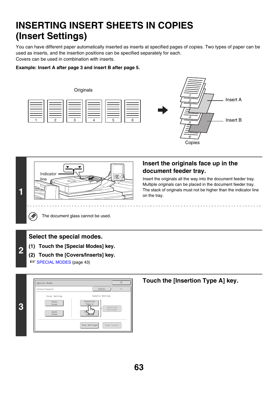 Inserting insert sheets in copies, Insert settings), Select the special modes | Touch the [insertion type a] key | Sharp MX-M850 User Manual | Page 159 / 655