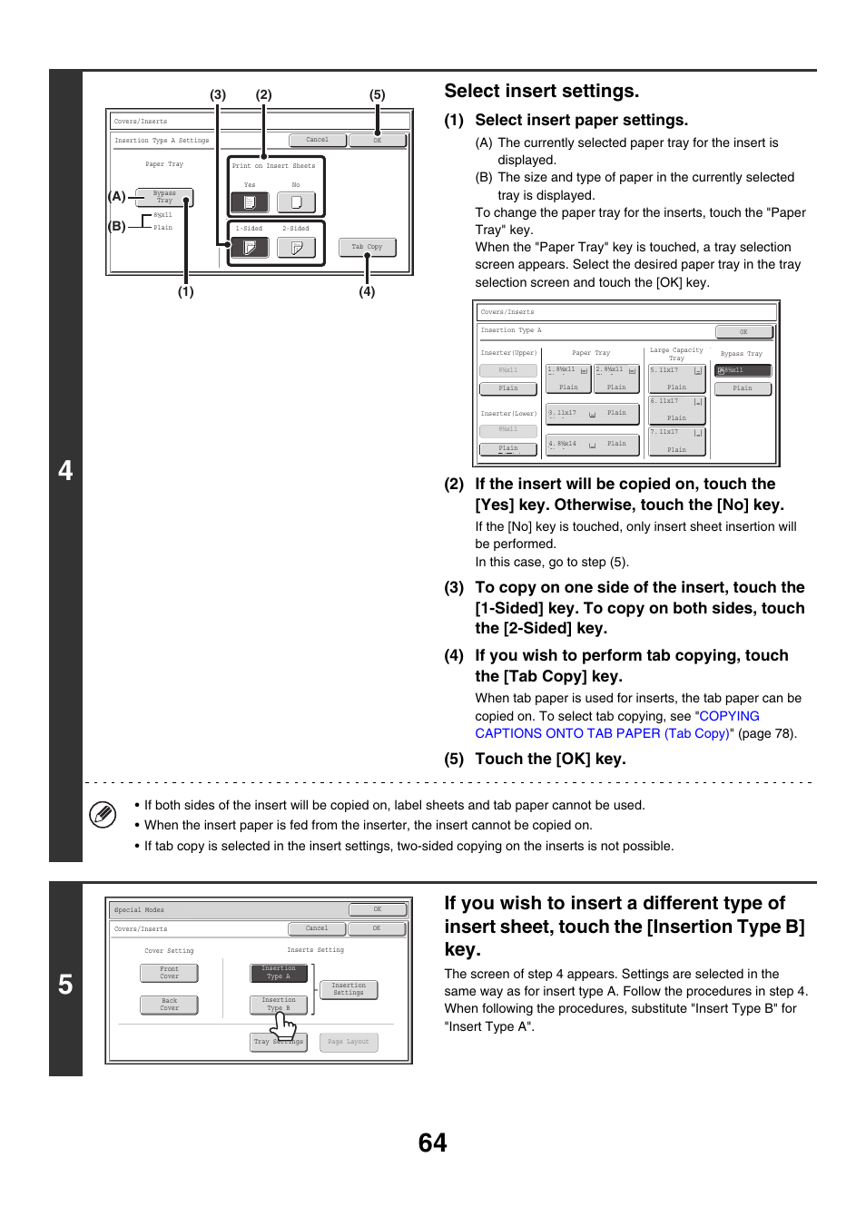 Select insert settings, 1) select insert paper settings, 5) touch the [ok] key | Sharp MX-M850 User Manual | Page 160 / 655