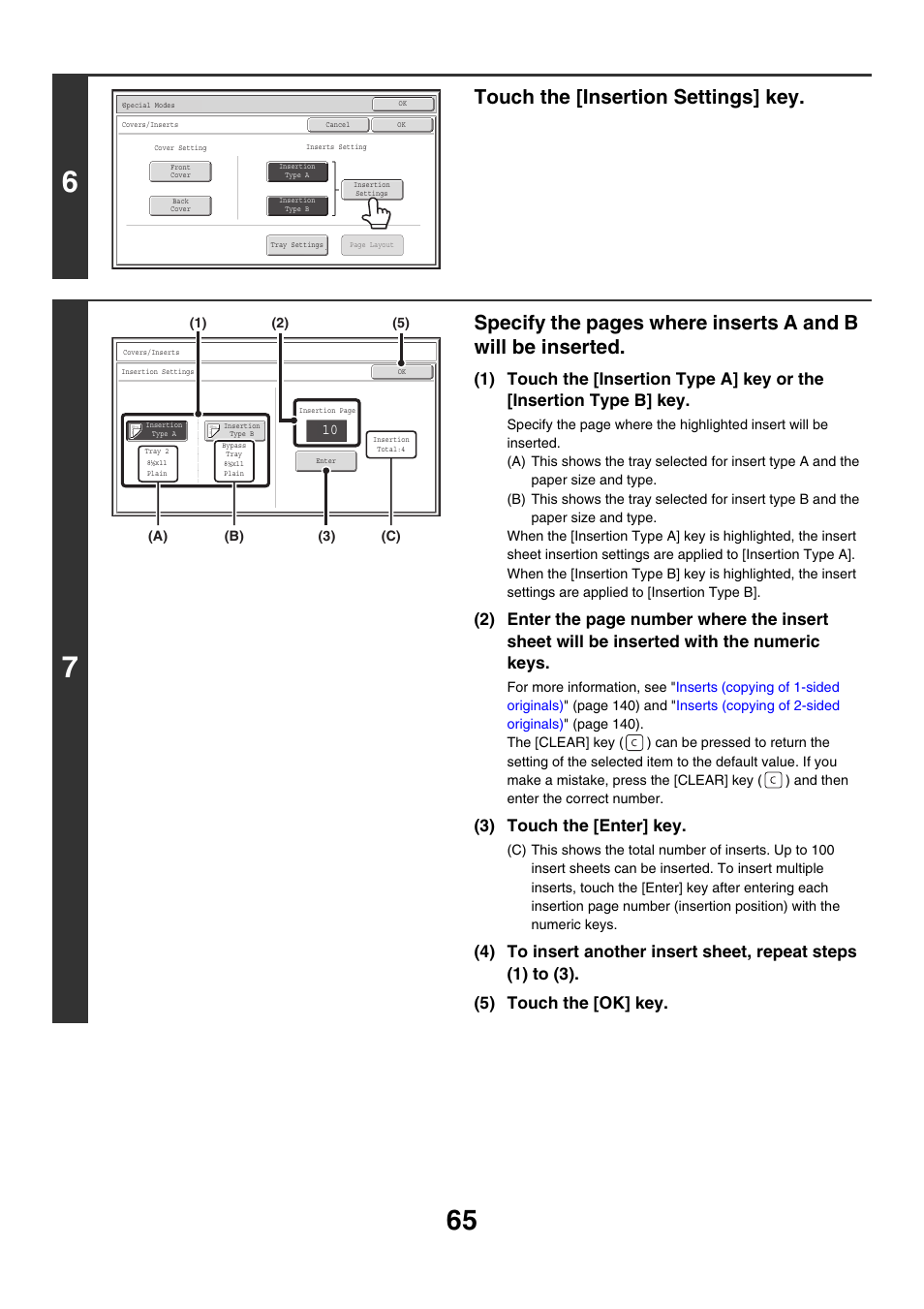 Touch the [insertion settings] key, 3) touch the [enter] key | Sharp MX-M850 User Manual | Page 161 / 655