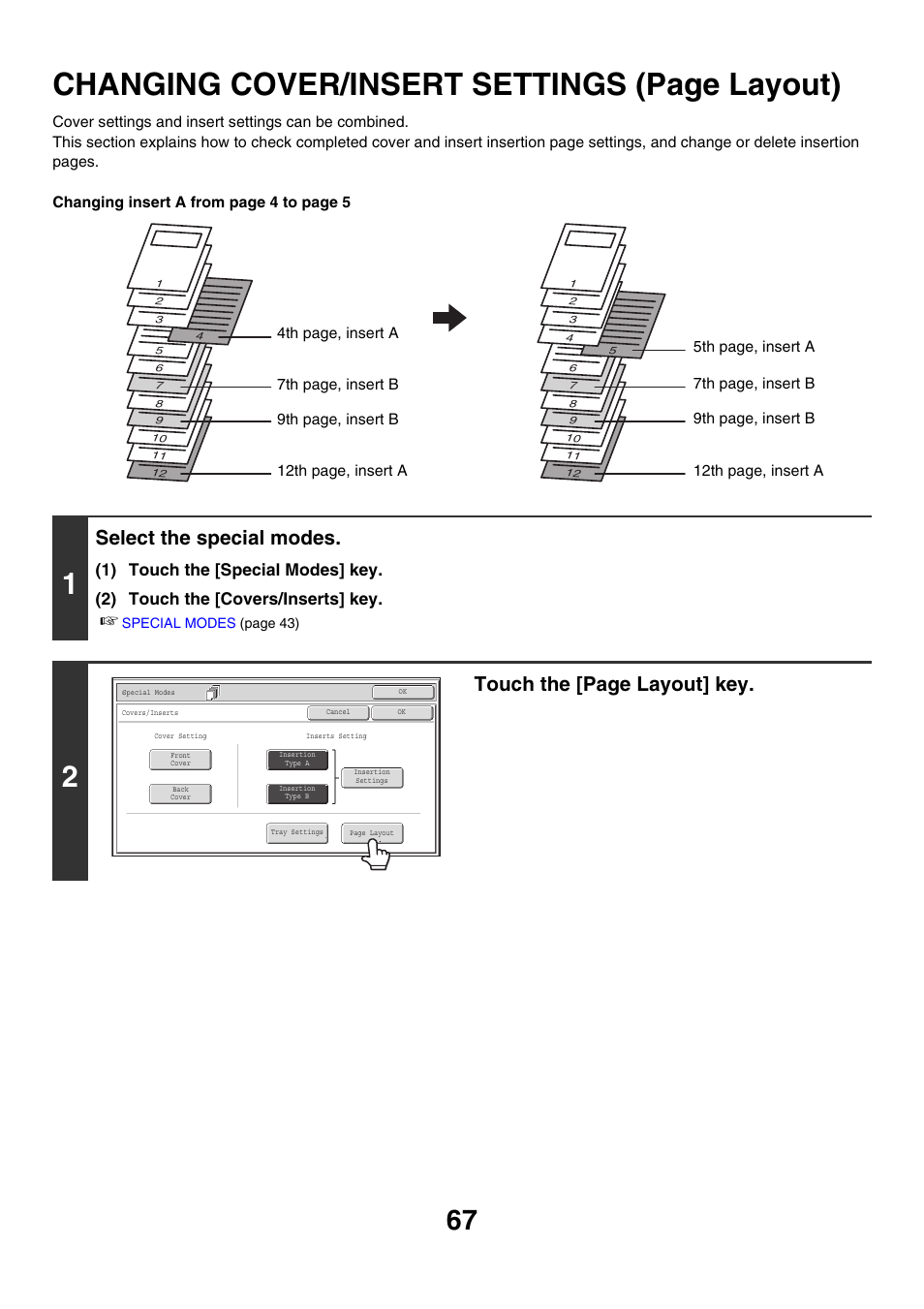 Changing cover/insert settings, Changing cover/insert settings (page layout), Select the special modes | Touch the [page layout] key | Sharp MX-M850 User Manual | Page 163 / 655