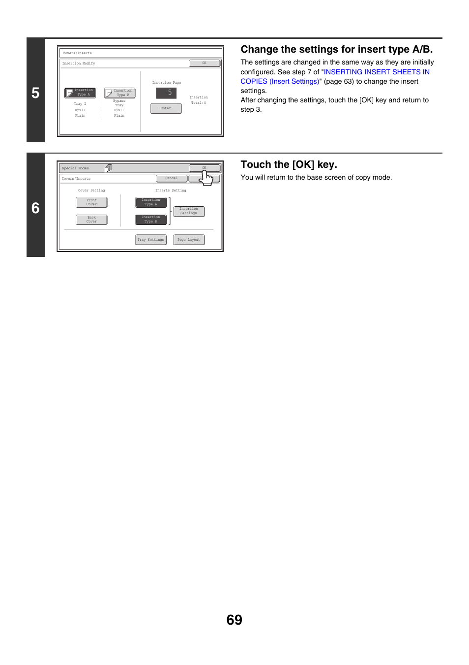 Change the settings for insert type a/b, Touch the [ok] key | Sharp MX-M850 User Manual | Page 165 / 655